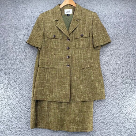 Le Suit Set Women 12 Petite Green Brown Short Sleeve Blazer Pencil Skirt 2 Piece - Picture 1 of 16